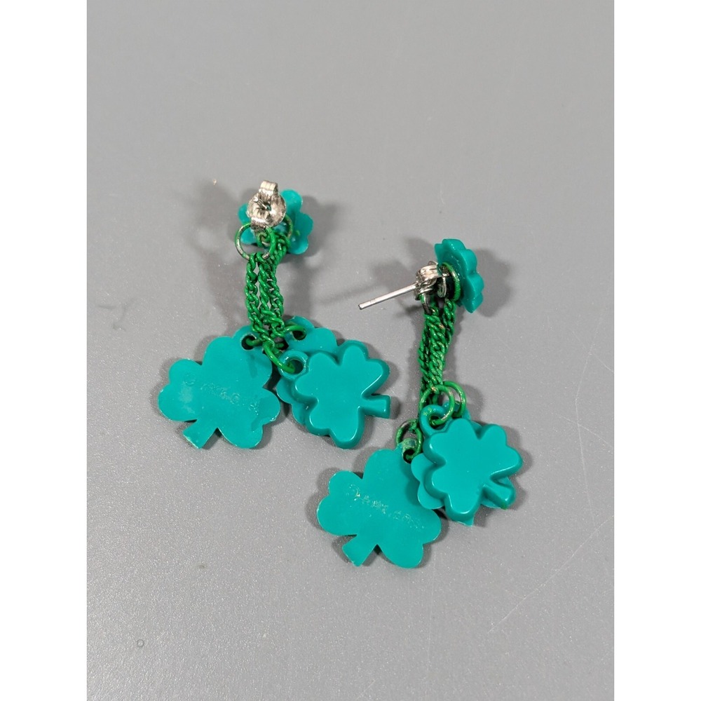 Vintage Hallmark Green Clover Front‎ Back Dangle Earrings Luck St Patricks Day - Picture 6 of 11